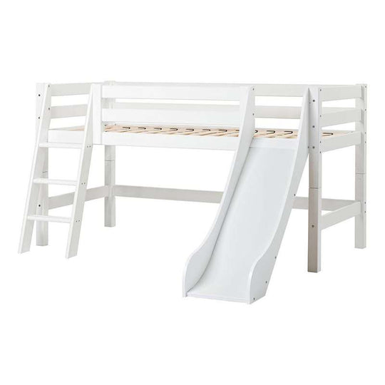 Hoppekids ECO Luxury Halvhög Säng 90x200cm med rutschkana och lutande stege - Flexibel inläggsbotten - Vit