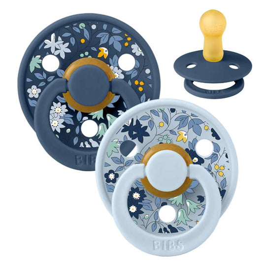BIBS Rund Colour Napp - 2-Pack - Stl 2 - Naturgummi - Liberty - Chamomille Lawn/Baby Blue Mix
