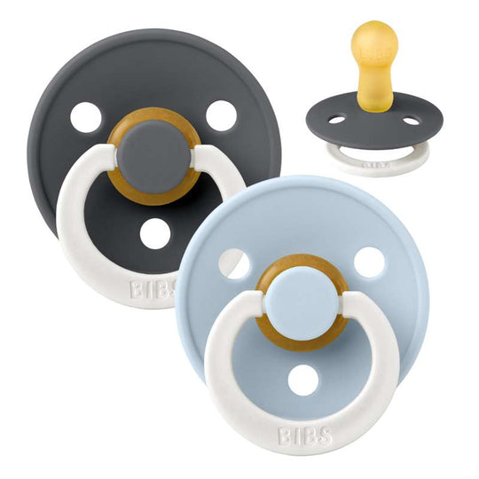 BIBS Rund Colour Napp - 2-Pack - Stl 2 - Naturgummi - Iron/Baby Blue - GLOW