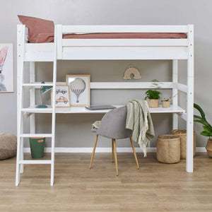 Hoppekids ECO Luxury Hög säng 90x200cm med bordsplatta och lutande stege - Flexibel inläggsbotten - Vit