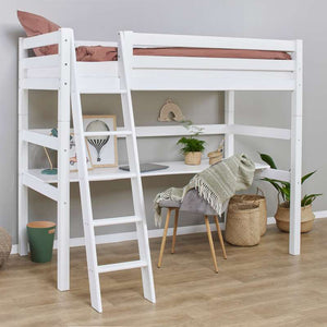 Hoppekids ECO Luxury Hög säng 90x200cm med bordsplatta och lutande stege - Flexibel inläggsbotten - Vit