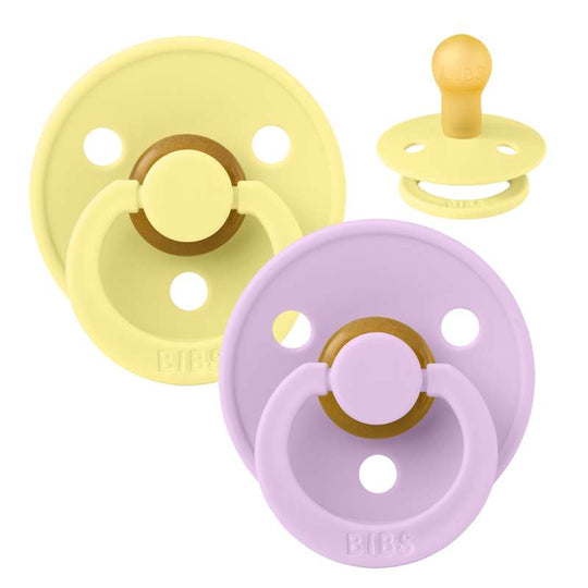 BIBS Rund Colour Napp - 2-Pack - Stl 1 - Naturgummi - Sunshine/Violet Sky