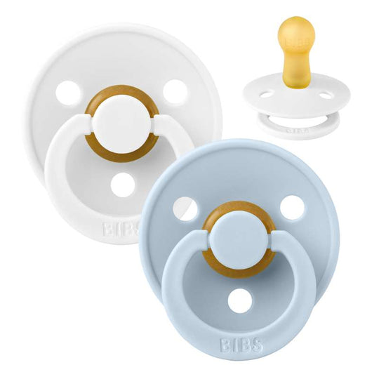 BIBS Rund Colour Napp - 2-Pack - Stl 1 - Naturgummi - White/Baby Blue