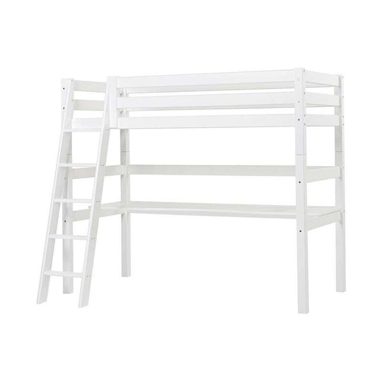 Hoppekids ECO Luxury Hög säng 90x200cm med bordsplatta och lutande stege - Flexibel inläggsbotten - Vit